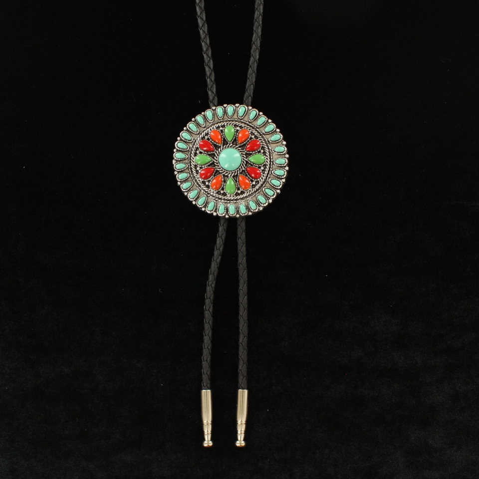 Turquoise & Coral Inlaid Steerhead Western Bolo Tie 