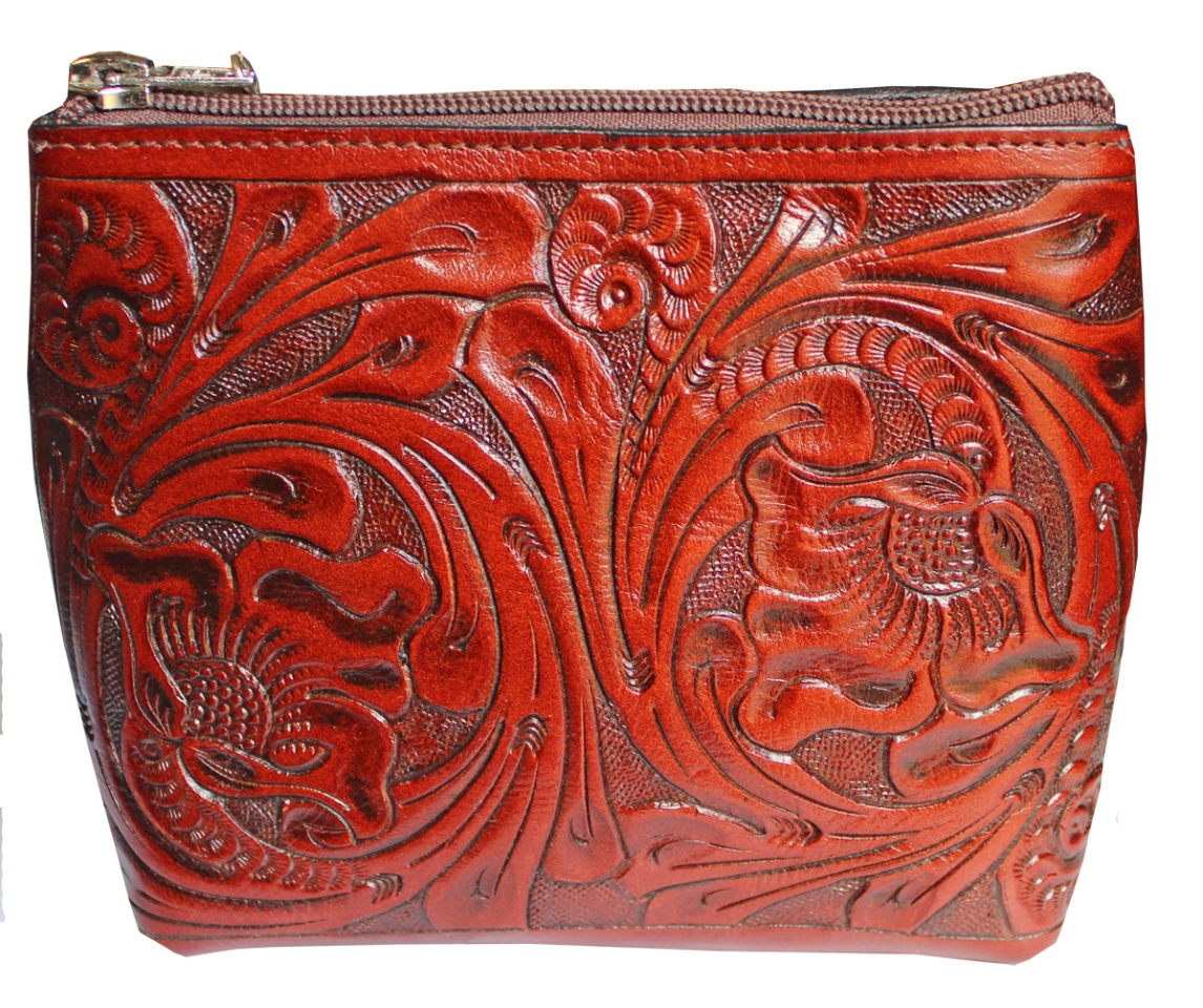 Gorgeous vintage hand tooled leather cross body clutch, with red velvet  lining and beautiful patina