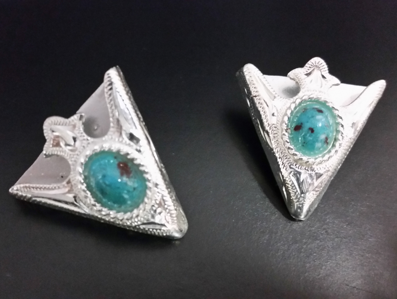 New Austin Accent Collar Tips Engraved Silver Turquoise Stone Small 1” X 1” 